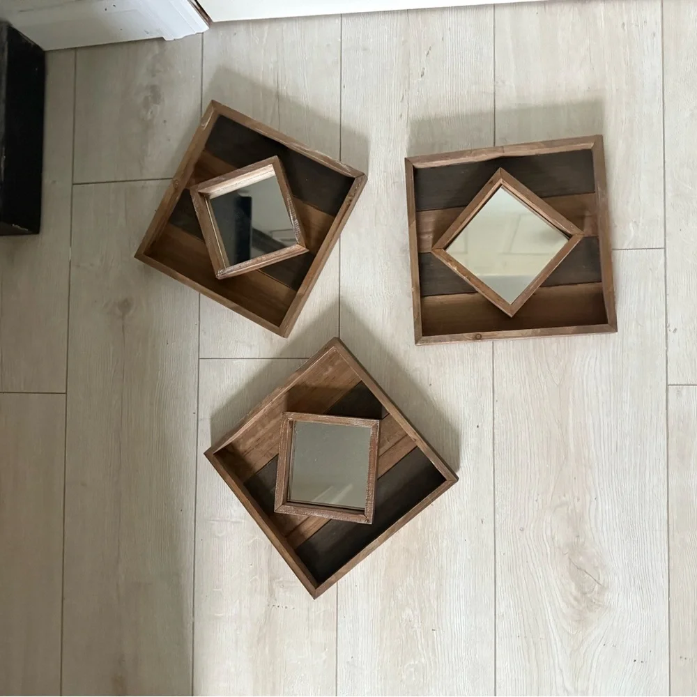 Rustic Brown Wooden Wall Mirror Set